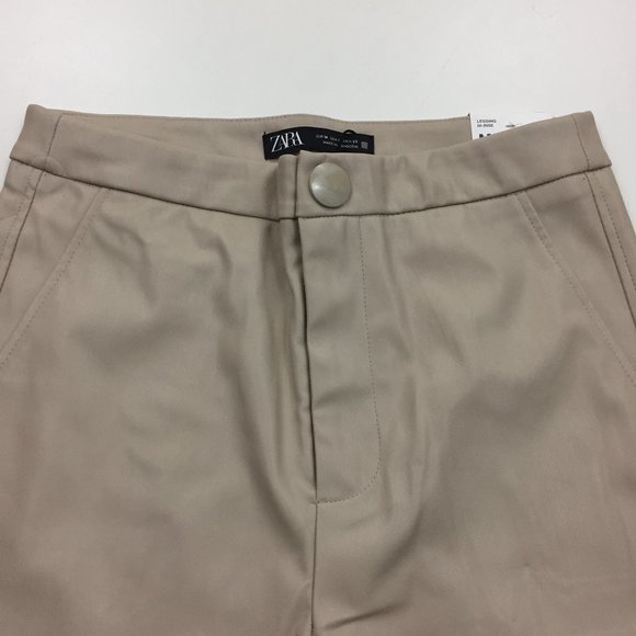 NWT ZARA Taupe VeganFaux Leather High Rise Waist Zip Ankle Hem Leggings Pants - Picture 3 of 13